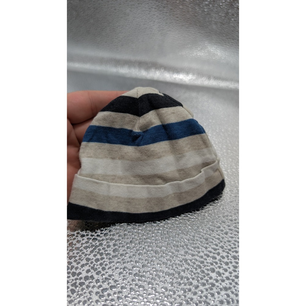 Gerber Onesies Brand Newborn Baby Beanie Hat Blue Grey Cream Striped‎ Cap NB